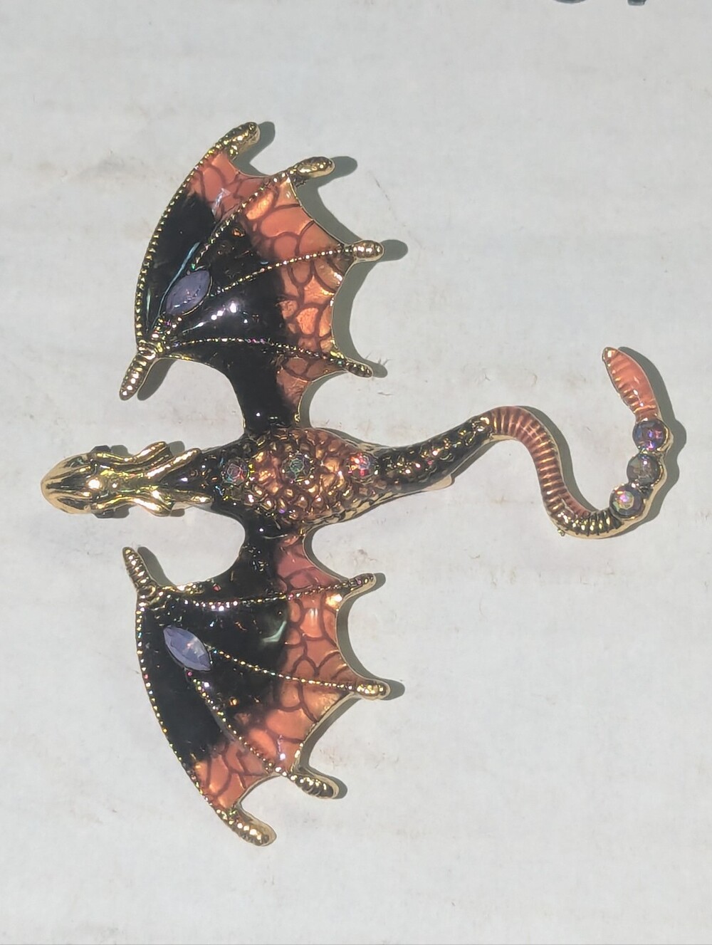 XL Orange and Black Dragon Brooch Enameled 3 Inch